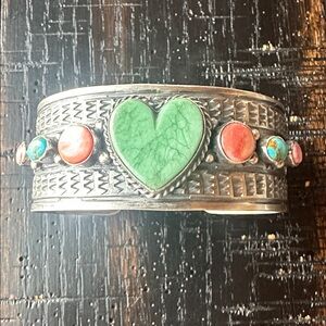 Navajo Tom Charley Sleeping Beauty & Gaspeite Heart Cuff Sterling Silver